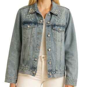 HM Denim Rhinestone Embellished Trucker Jacket Light Wash Blue US 12 0566220 6